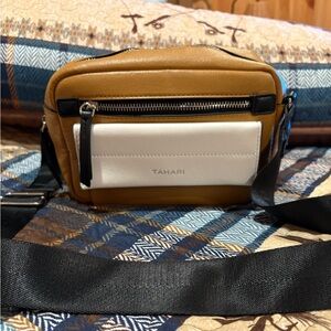 Tahari Tan and White Camera Bag